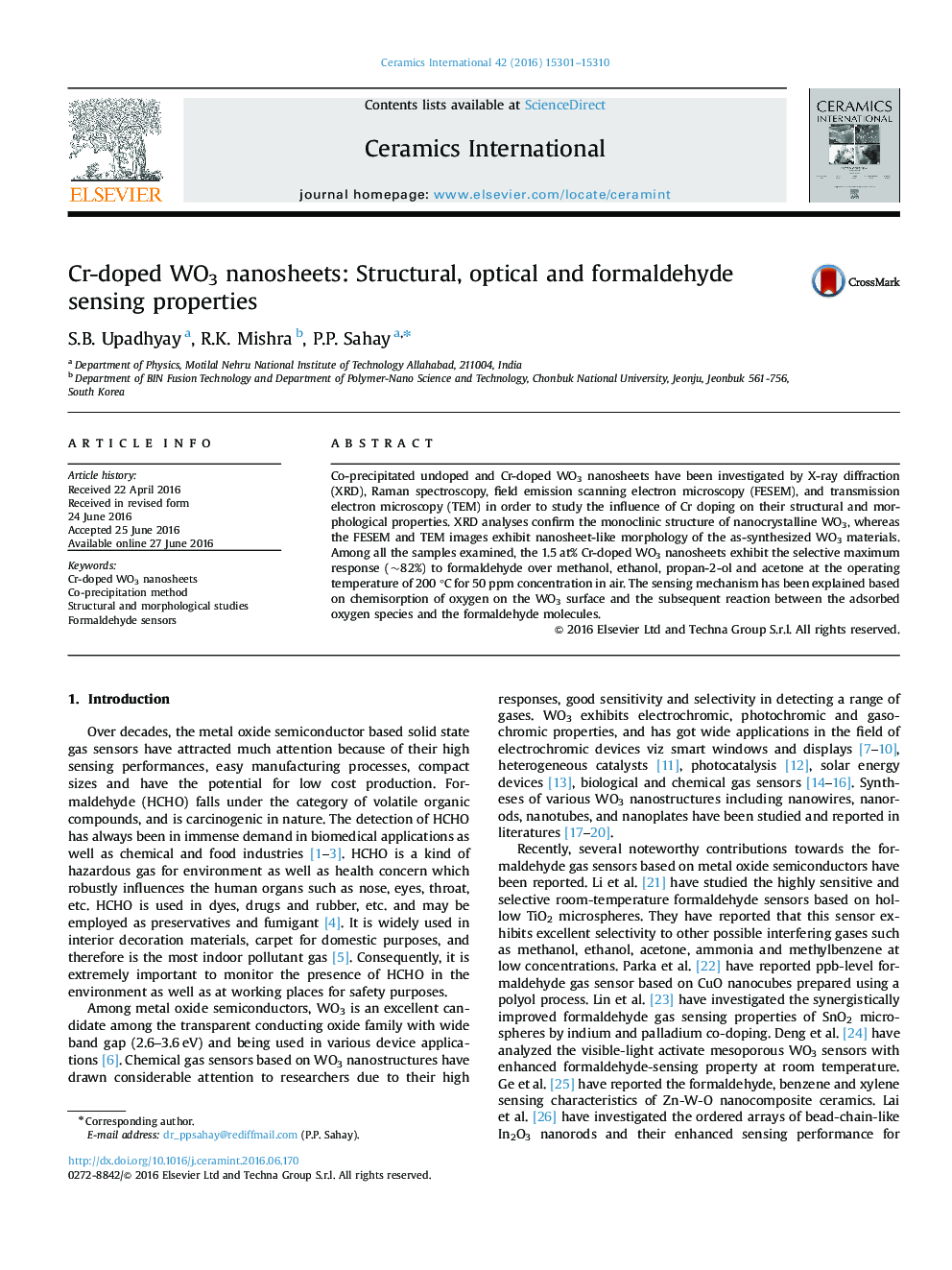 Cr-doped WO3 nanosheets: Structural, optical and formaldehyde sensing properties