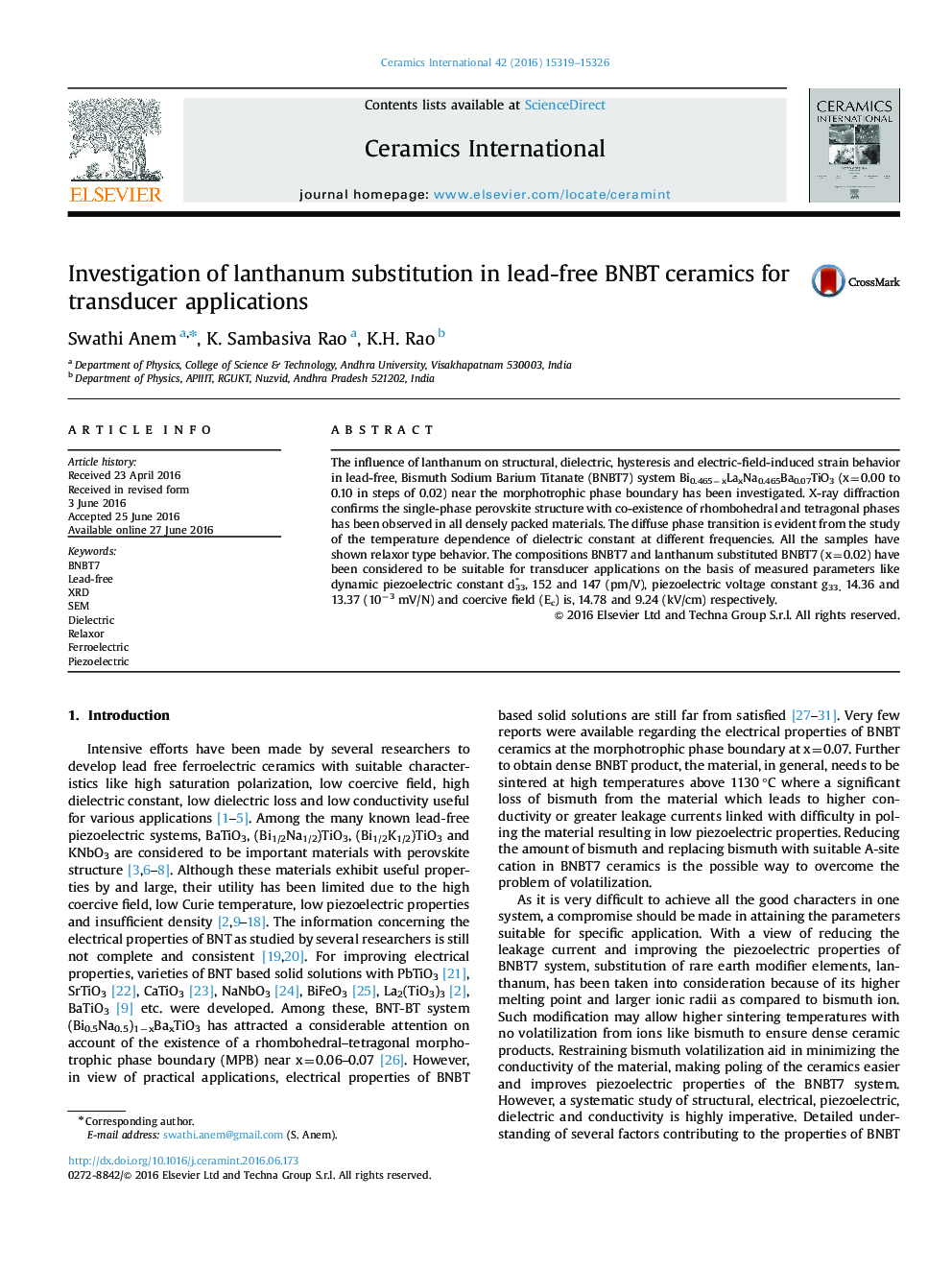 Investigation of lanthanum substitution in lead-free BNBT ceramics for transducer applications