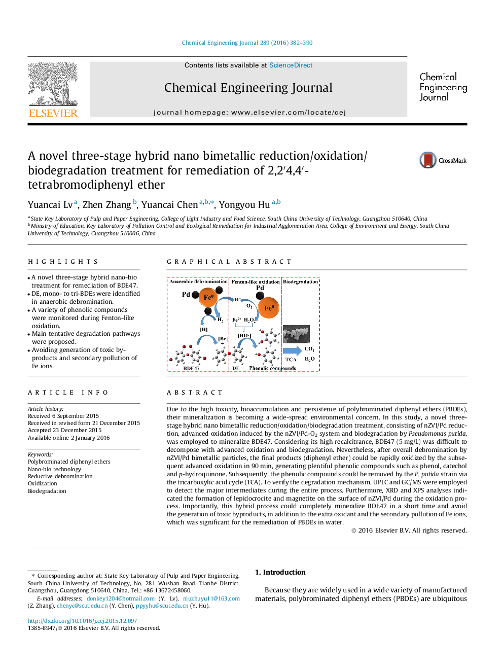 A novel three-stage hybrid nano bimetallic reduction/oxidation/biodegradation treatment for remediation of 2,2′4,4′-tetrabromodiphenyl ether