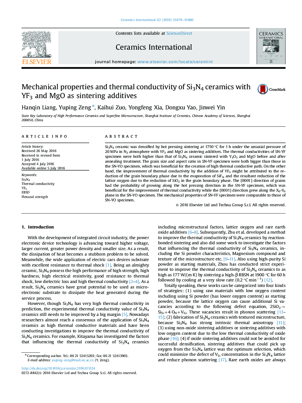 Mechanical properties and thermal conductivity of Si3N4 ceramics with YF3 and MgO as sintering additives