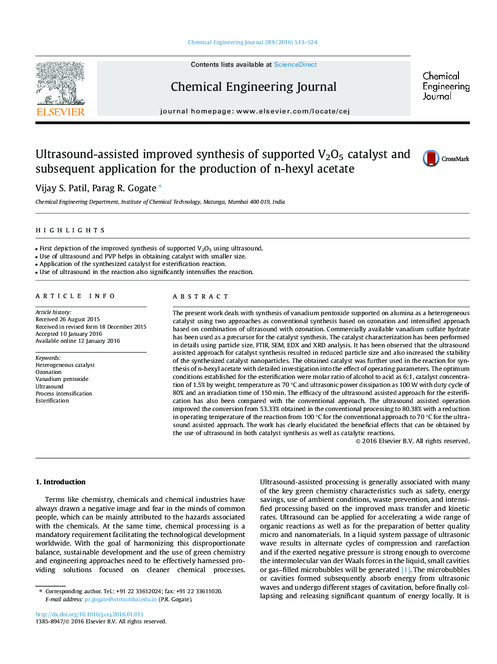 Ultrasound-assisted improved synthesis of supported V2O5 catalyst and subsequent application for the production of n-hexyl acetate