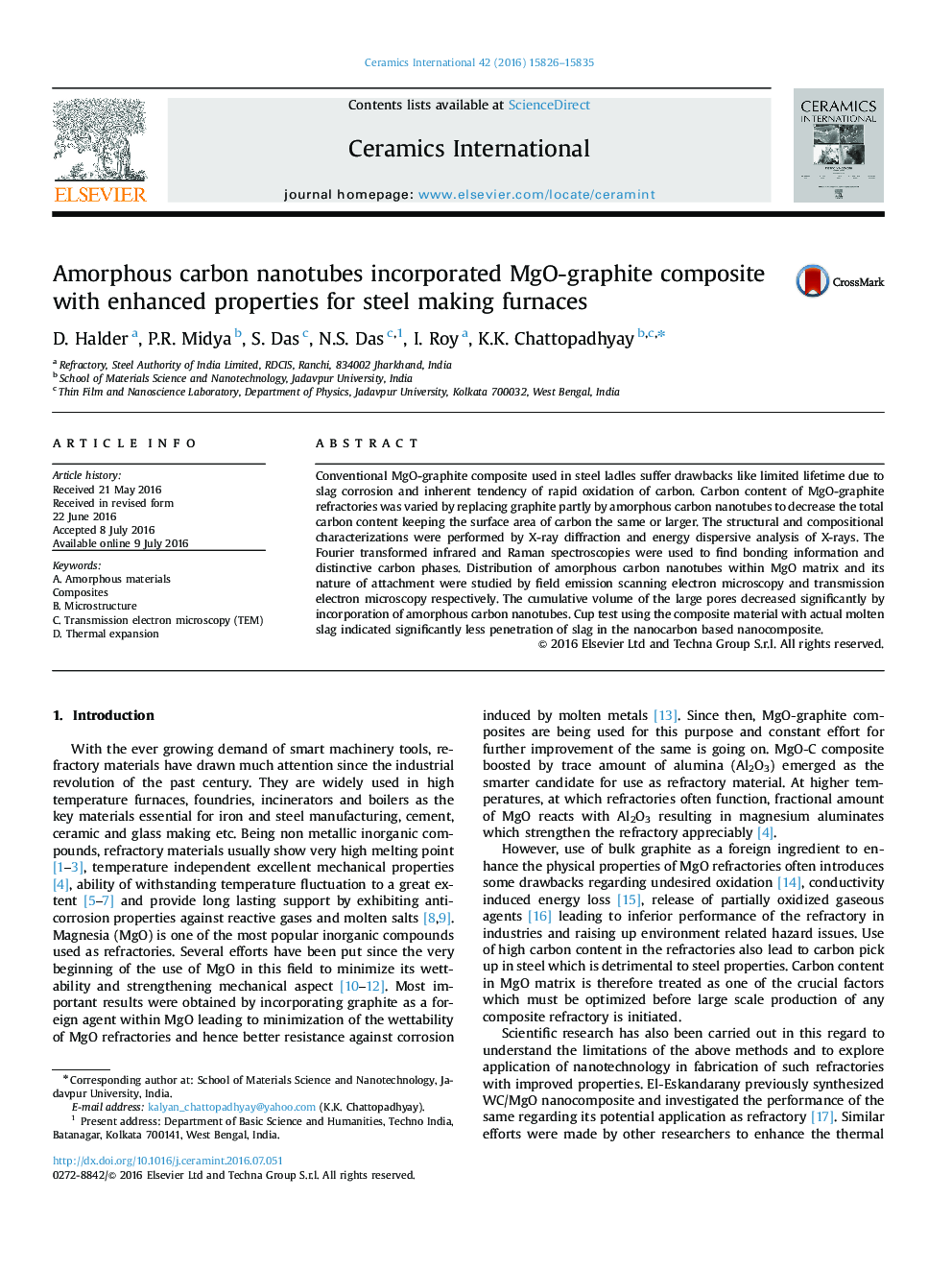 Amorphous carbon nanotubes incorporated MgO-graphite composite with enhanced properties for steel making furnaces