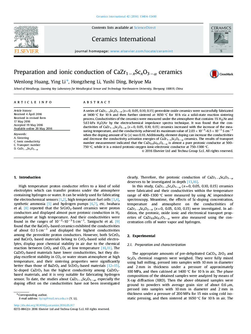 Preparation and ionic conduction of CaZr1−xScxO3−α ceramics