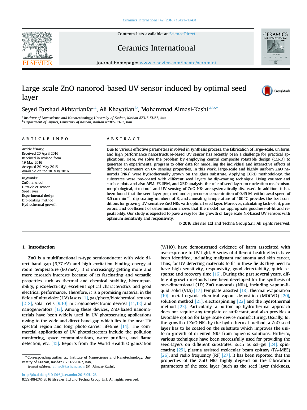 Large scale ZnO nanorod-based UV sensor induced by optimal seed layer