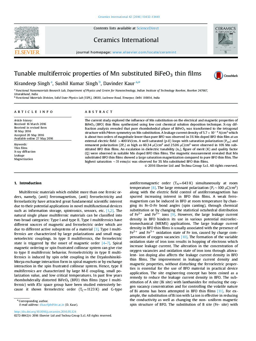 Tunable multiferroic properties of Mn substituted BiFeO3 thin films