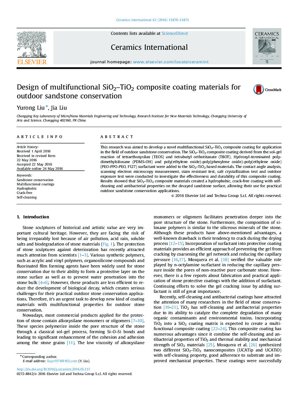 Design of multifunctional SiO2–TiO2 composite coating materials for outdoor sandstone conservation