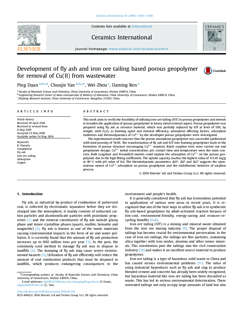 Development of fly ash and iron ore tailing based porous geopolymer for removal of Cu(II) from wastewater