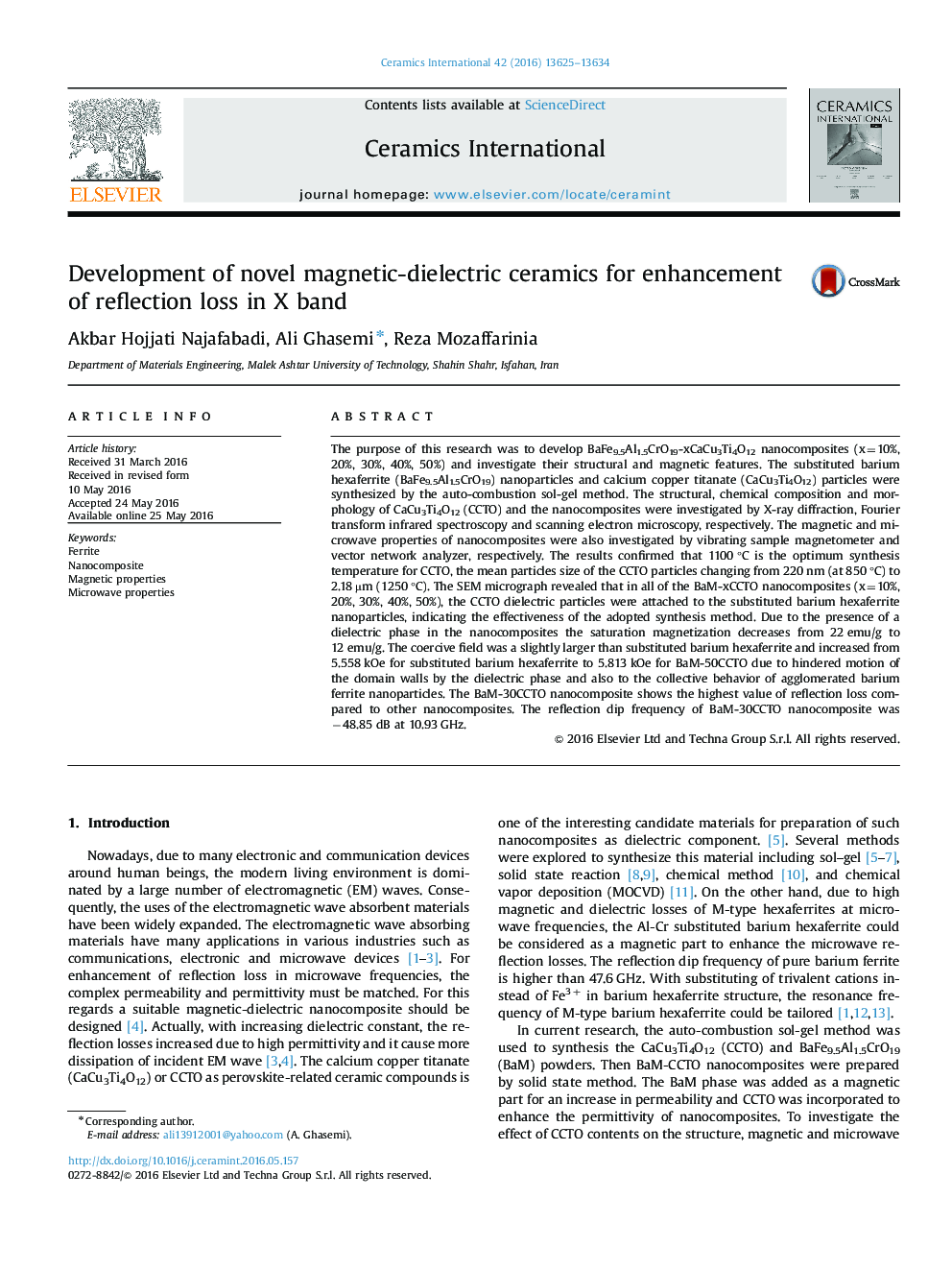 Development of novel magnetic-dielectric ceramics for enhancement of reflection loss in X band