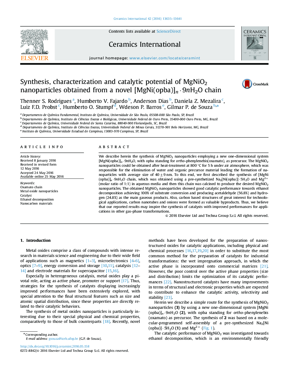 Synthesis, characterization and catalytic potential of MgNiO2 nanoparticles obtained from a novel [MgNi(opba)]n·9nH2O chain
