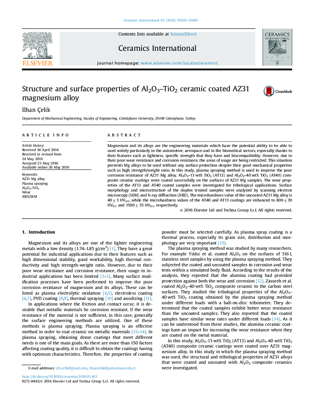 Structure and surface properties of Al2O3–TiO2 ceramic coated AZ31 magnesium alloy