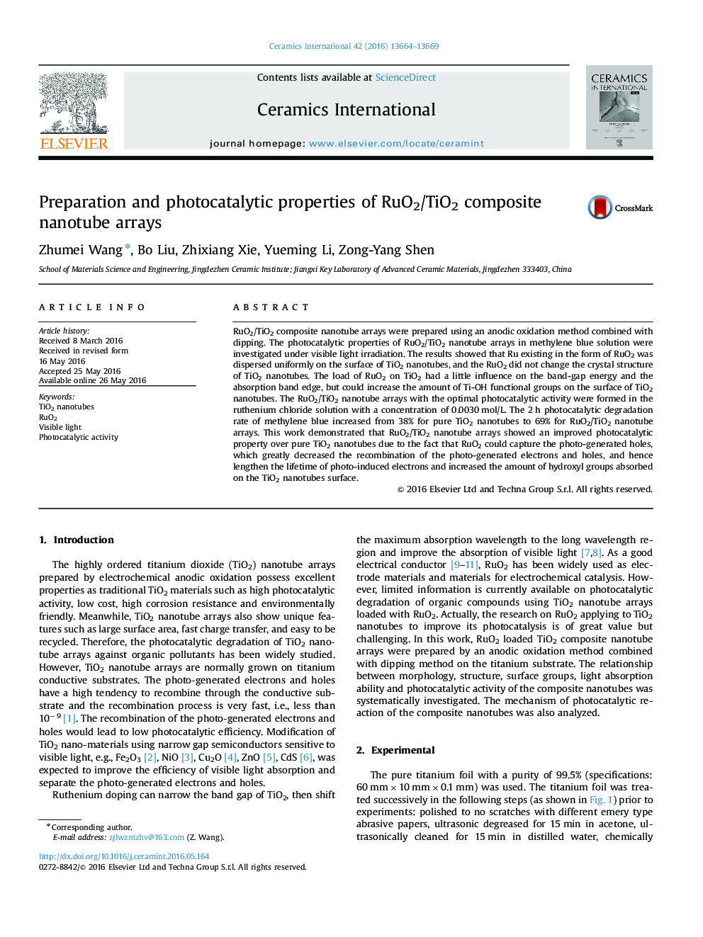 Preparation and photocatalytic properties of RuO2/TiO2 composite nanotube arrays