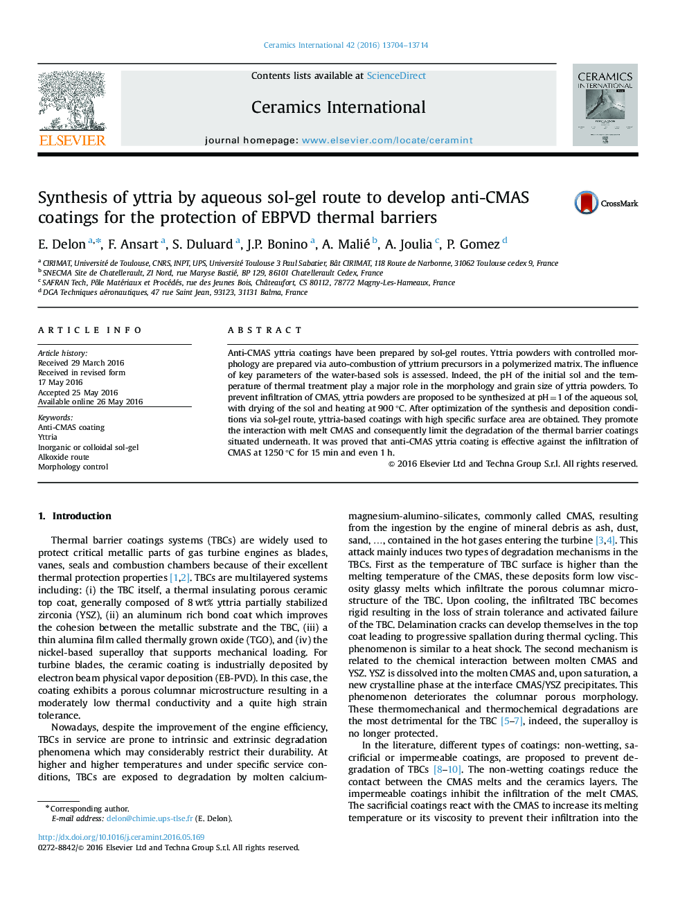 Synthesis of yttria by aqueous sol-gel route to develop anti-CMAS coatings for the protection of EBPVD thermal barriers