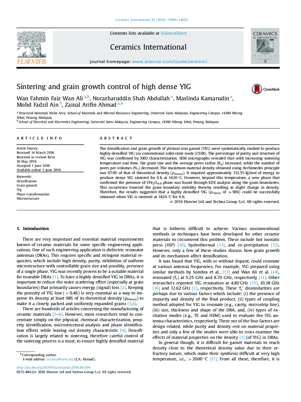 Sintering and grain growth control of high dense YIG