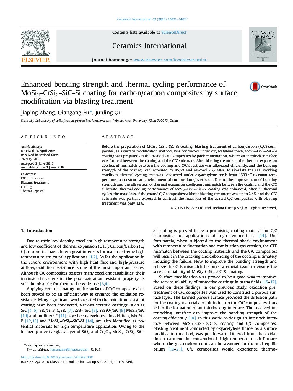 Enhanced bonding strength and thermal cycling performance of MoSi2–CrSi2–SiC–Si coating for carbon/carbon composites by surface modification via blasting treatment