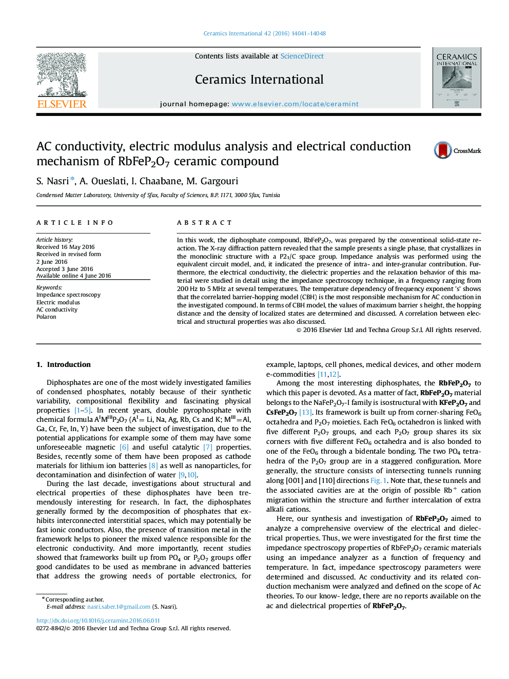 AC conductivity, electric modulus analysis and electrical conduction mechanism of RbFeP2O7 ceramic compound