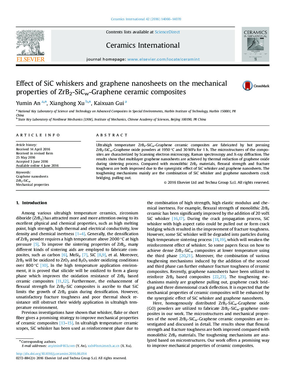 Effect of SiC whiskers and graphene nanosheets on the mechanical properties of ZrB2-SiCw-Graphene ceramic composites