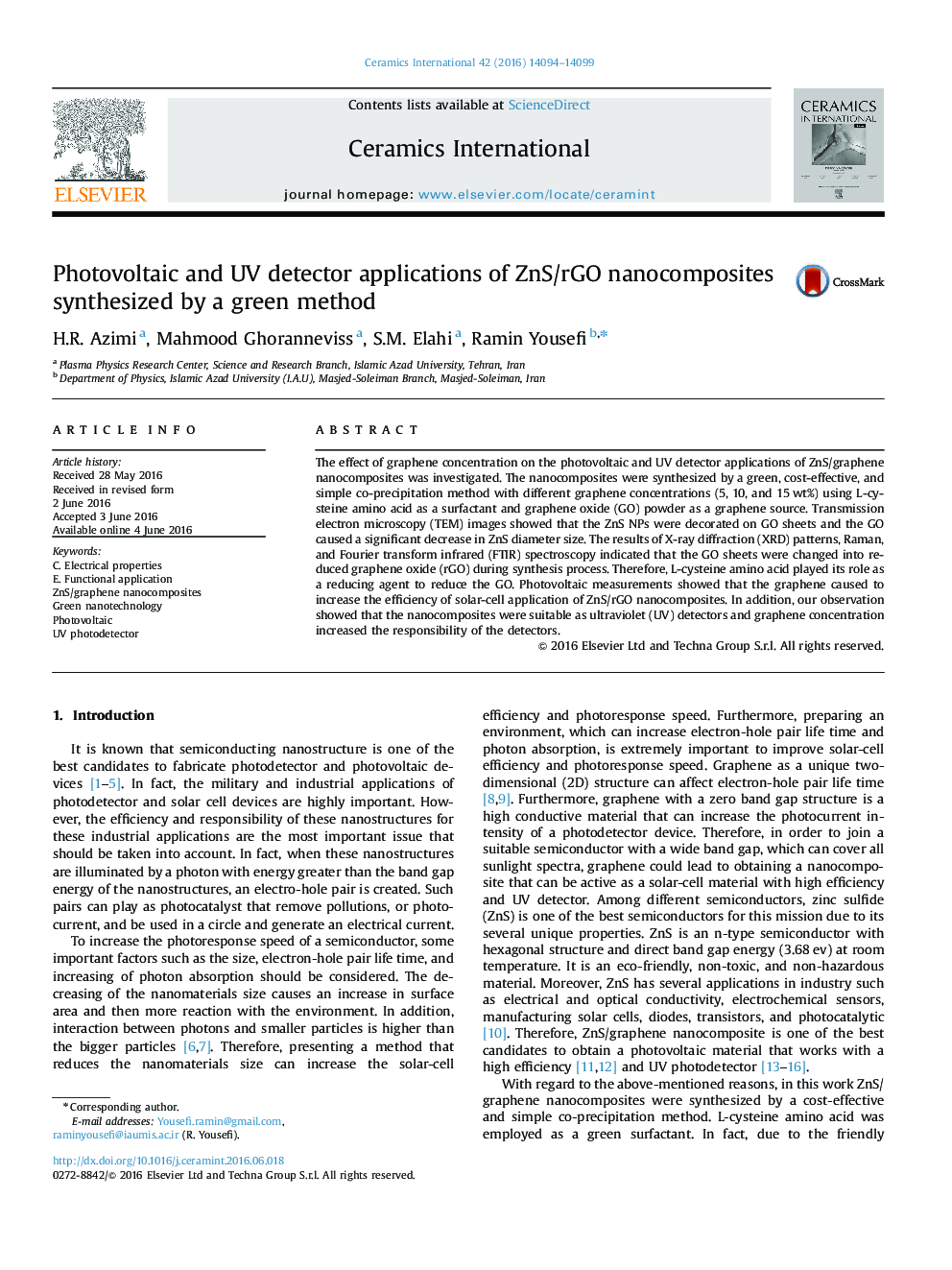 Photovoltaic and UV detector applications of ZnS/rGO nanocomposites synthesized by a green method