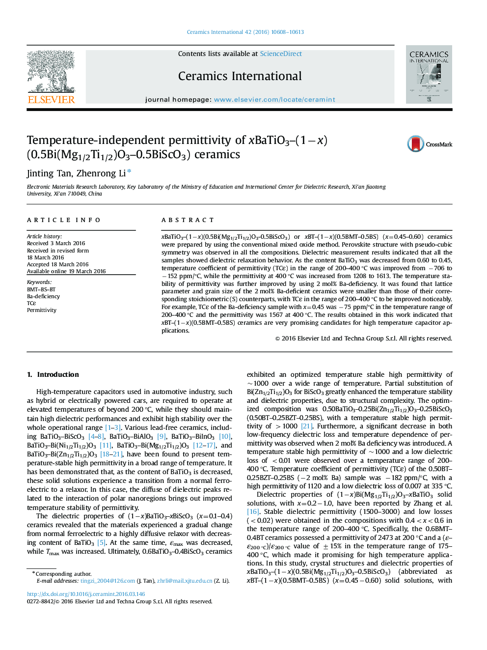 عکس صفحه اول مقاله: Temperature-independent permittivity of xBaTiO3–(1−x)(0.5Bi(Mg1/2Ti1/2)O3–0.5BiScO3) ceramics Temperature-independent permittivity of xBaTiO3–(1−x)(0.5Bi(Mg1/2Ti1/2)O3–0.5BiScO3) ceramics