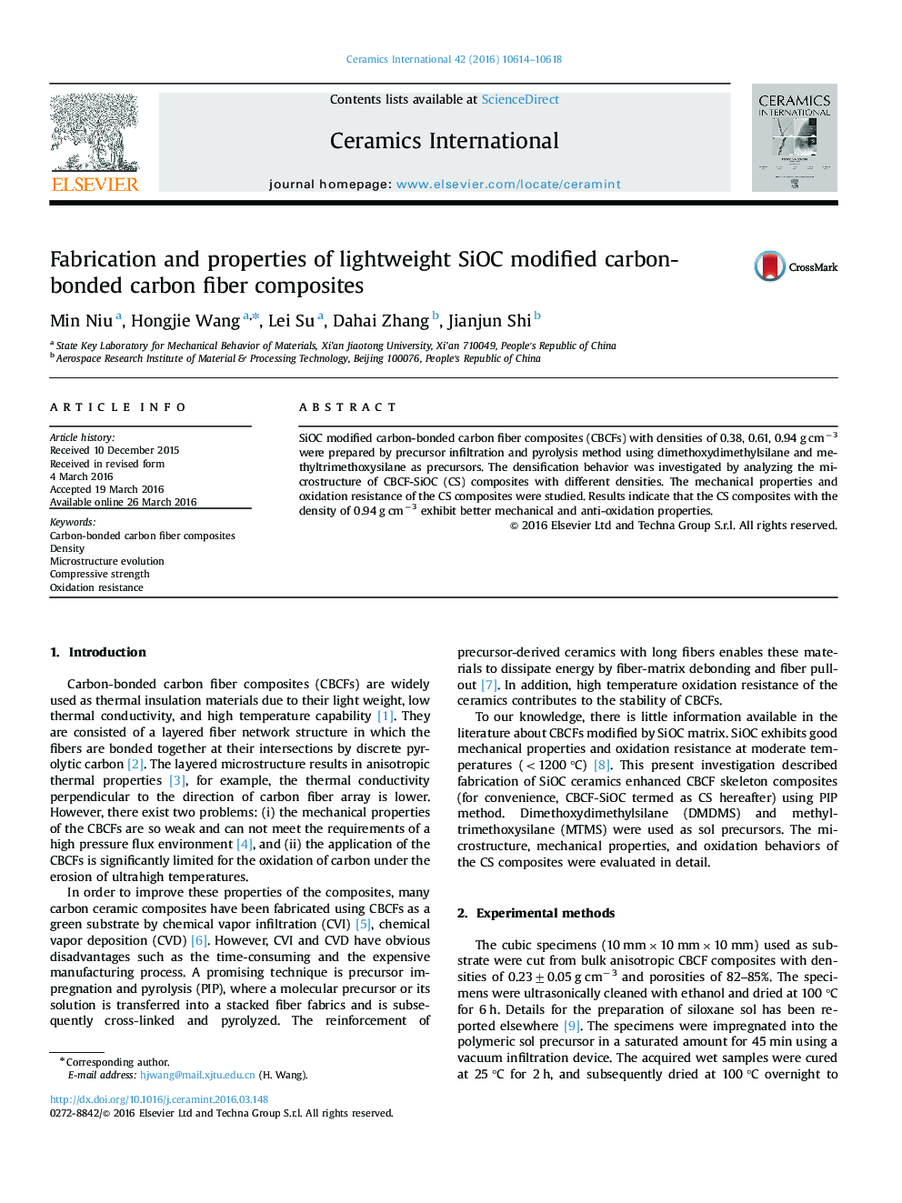 Fabrication and properties of lightweight SiOC modified carbon-bonded carbon fiber composites