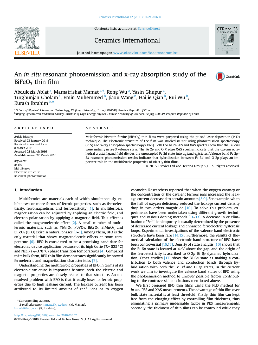 An in situ resonant photoemission and x-ray absorption study of the BiFeO3 thin film