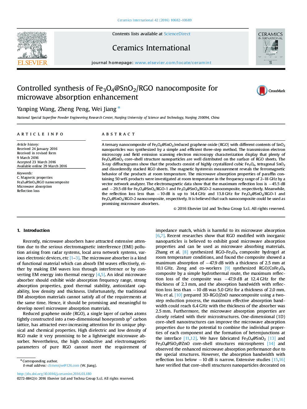 Controlled synthesis of Fe3O4@SnO2/RGO nanocomposite for microwave absorption enhancement