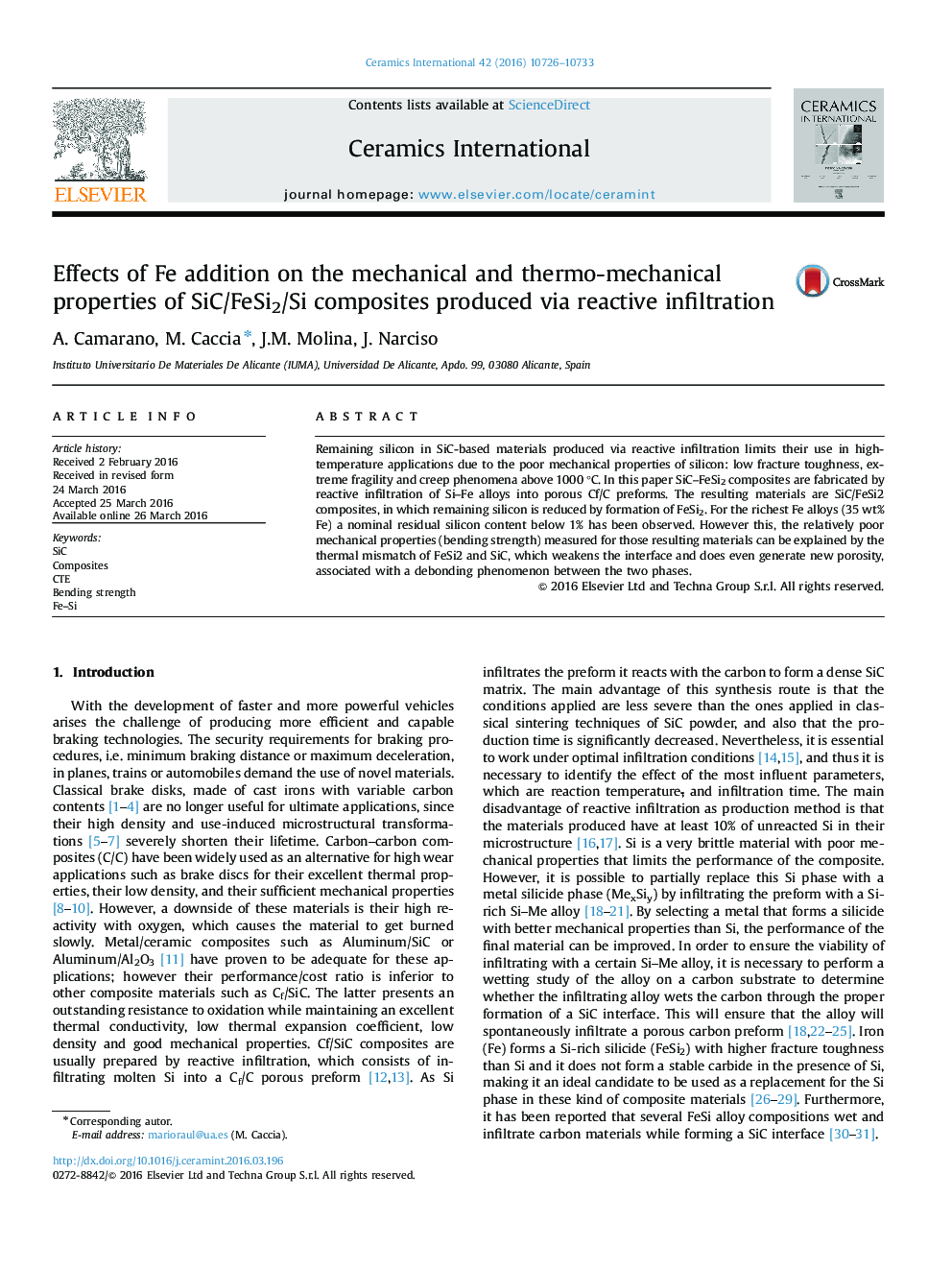 عکس صفحه اول مقاله: Effects of Fe addition on the mechanical and thermo-mechanical properties of SiC/FeSi2/Si composites produced via reactive infiltration Effects of Fe addition on the mechanical and thermo-mechanical properties of SiC/FeSi2/Si composites produced via reactive infiltration