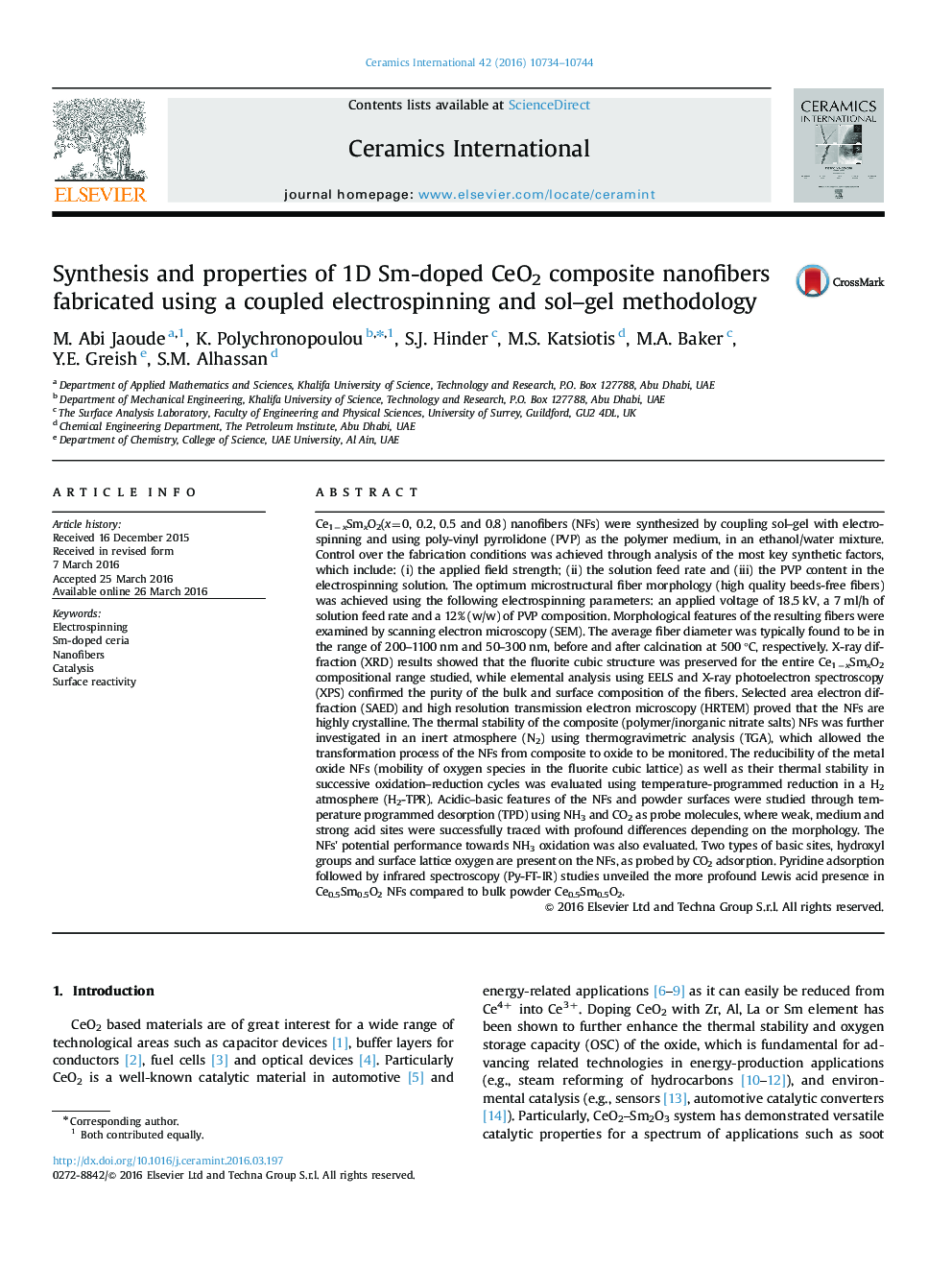 Synthesis and properties of 1D Sm-doped CeO2 composite nanofibers fabricated using a coupled electrospinning and sol–gel methodology