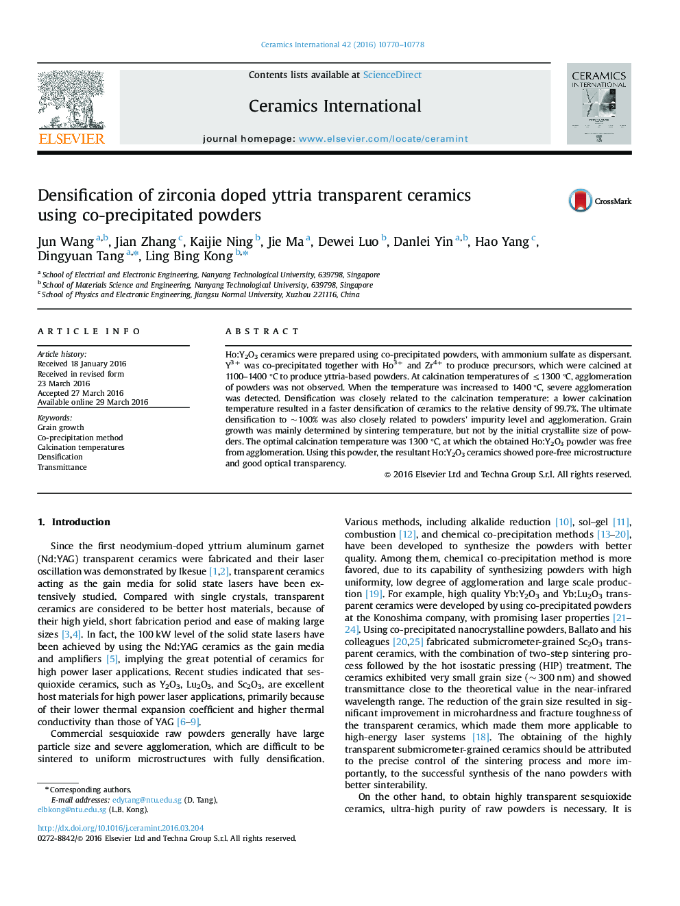 Densification of zirconia doped yttria transparent ceramics using co-precipitated powders