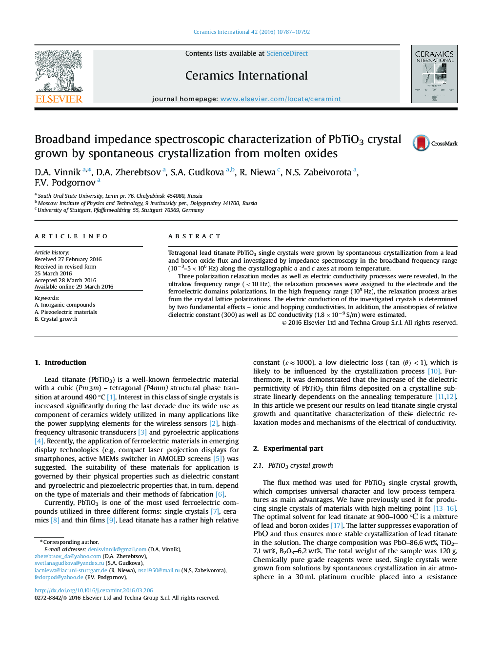 عکس صفحه اول مقاله: Broadband impedance spectroscopic characterization of PbTiO3 crystal grown by spontaneous crystallization from molten oxides Broadband impedance spectroscopic characterization of PbTiO3 crystal grown by spontaneous crystallization from molten oxides