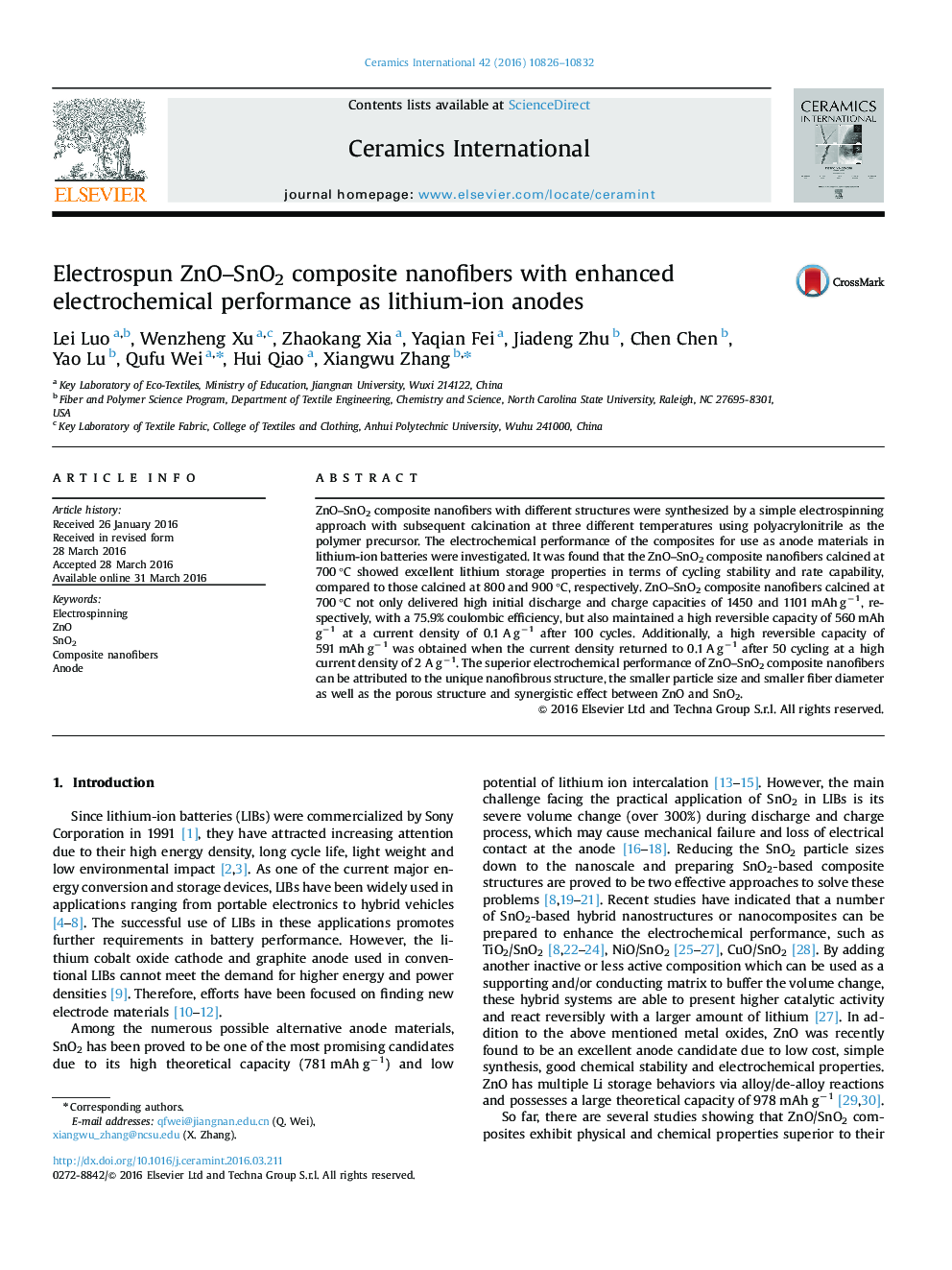 Electrospun ZnO–SnO2 composite nanofibers with enhanced electrochemical performance as lithium-ion anodes