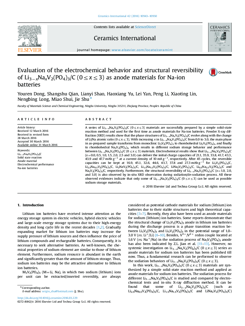 Evaluation of the electrochemical behavior and structural reversibility of Li3−xNaxV2(PO4)3/C (0≤x≤3) as anode materials for Na-ion batteries