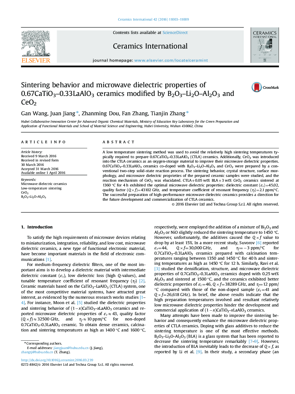 Sintering behavior and microwave dielectric properties of 0.67CaTiO3–0.33LaAlO3 ceramics modified by B2O3–Li2O–Al2O3 and CeO2