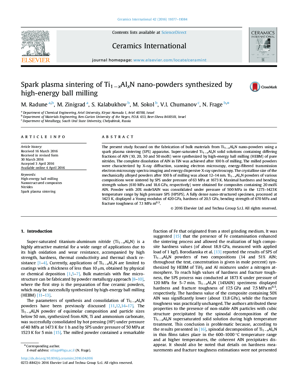 Spark plasma sintering of Ti1−xAlxN nano-powders synthesized by high-energy ball milling