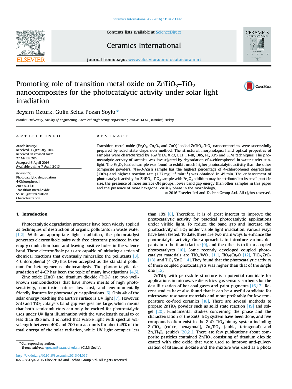 عکس صفحه اول مقاله: Promoting role of transition metal oxide on ZnTiO3–TiO2 nanocomposites for the photocatalytic activity under solar light irradiation Promoting role of transition metal oxide on ZnTiO3–TiO2 nanocomposites for the photocatalytic activity under solar light irradiation