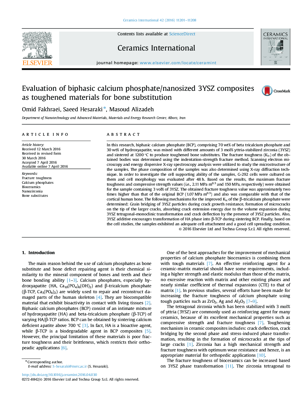 Evaluation of biphasic calcium phosphate/nanosized 3YSZ composites as toughened materials for bone substitution