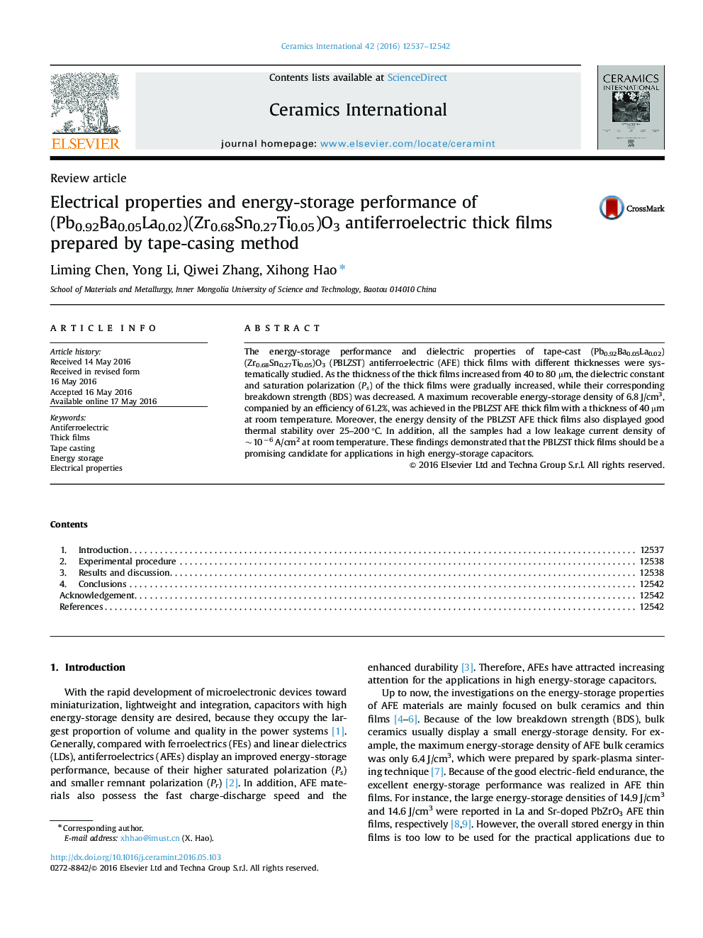 Electrical properties and energy-storage performance of (Pb0.92Ba0.05La0.02)(Zr0.68Sn0.27Ti0.05)O3 antiferroelectric thick films prepared by tape-casing method