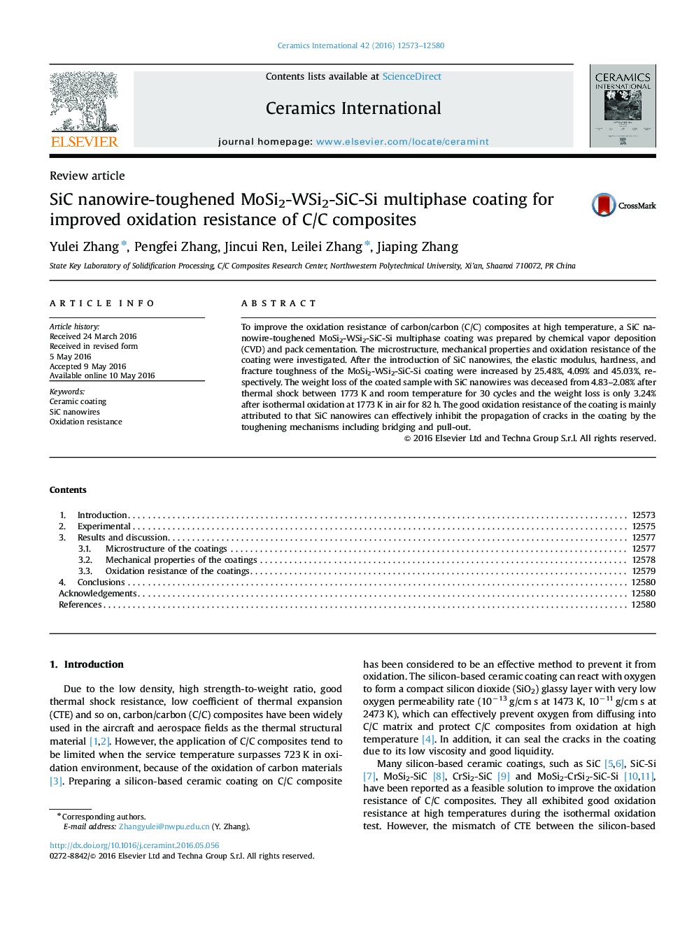 SiC nanowire-toughened MoSi2-WSi2-SiC-Si multiphase coating for improved oxidation resistance of C/C composites