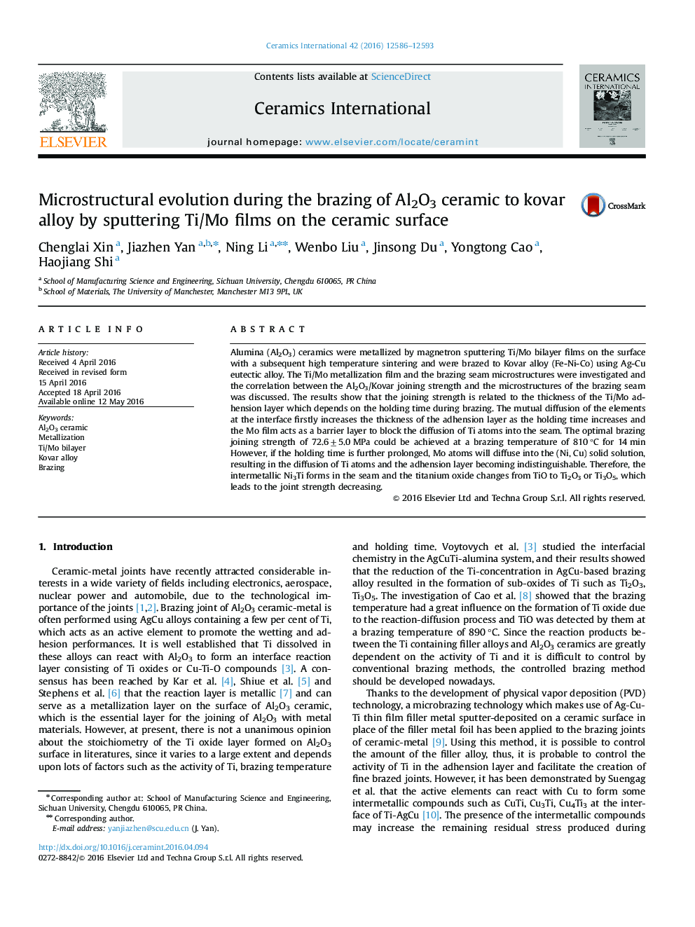 Microstructural evolution during the brazing of Al2O3 ceramic to kovar alloy by sputtering Ti/Mo films on the ceramic surface