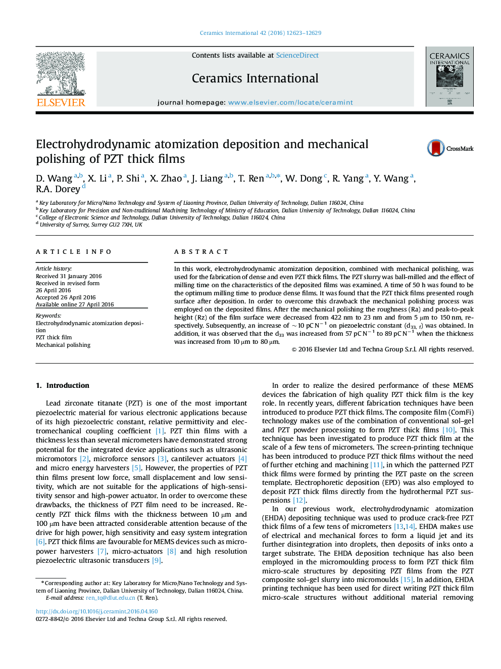 Electrohydrodynamic atomization deposition and mechanical polishing of PZT thick films