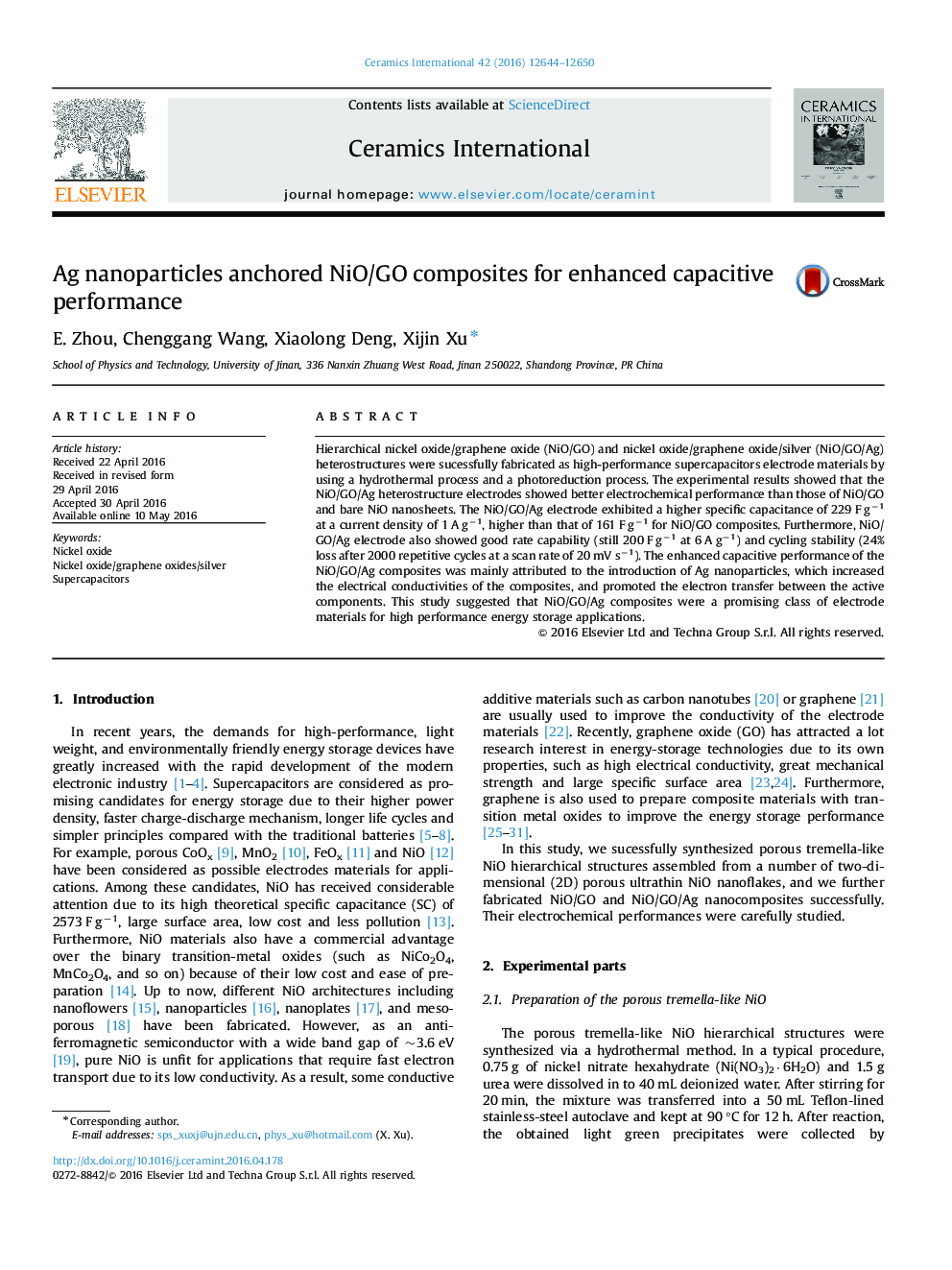 Ag nanoparticles anchored NiO/GO composites for enhanced capacitive performance