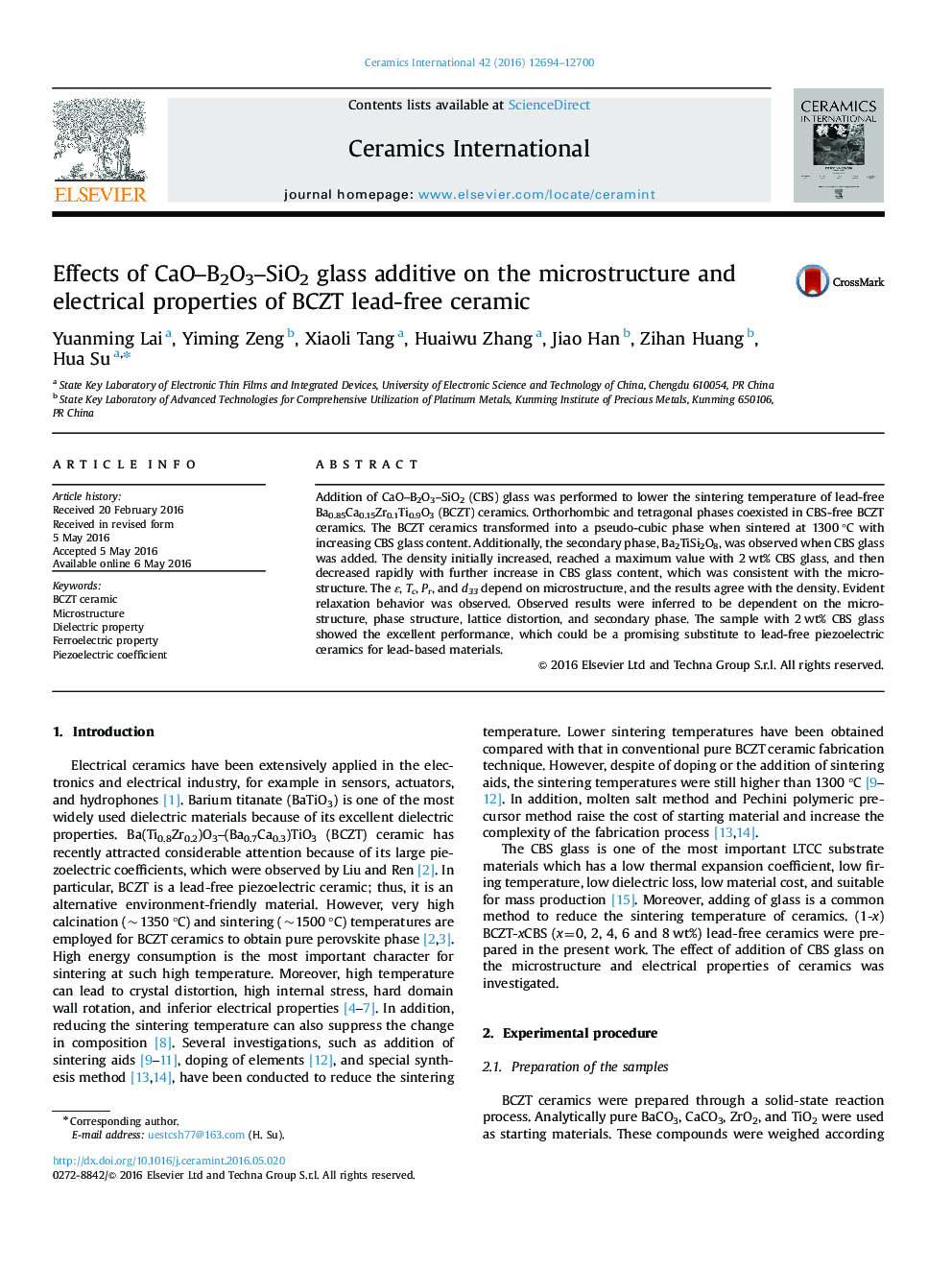 Effects of CaO–B2O3–SiO2 glass additive on the microstructure and electrical properties of BCZT lead-free ceramic