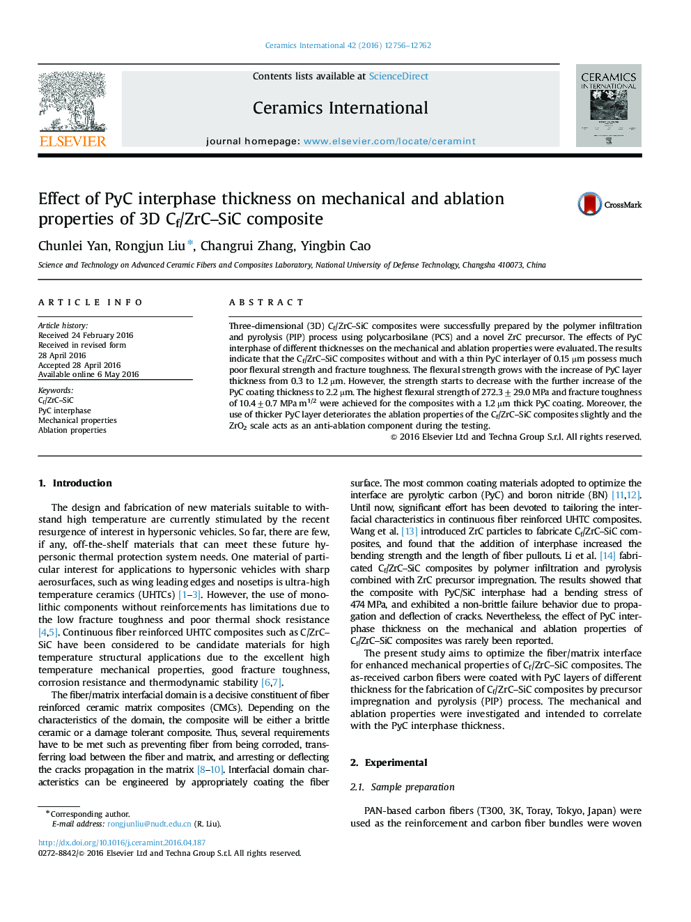 Effect of PyC interphase thickness on mechanical and ablation properties of 3D Cf/ZrC–SiC composite