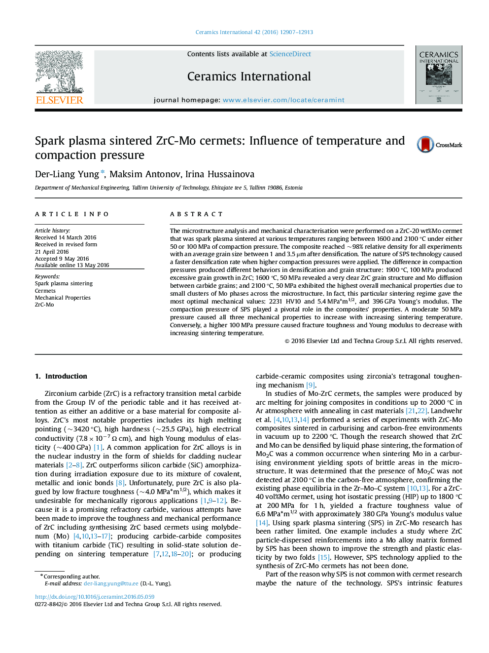 Spark plasma sintered ZrC-Mo cermets: Influence of temperature and compaction pressure