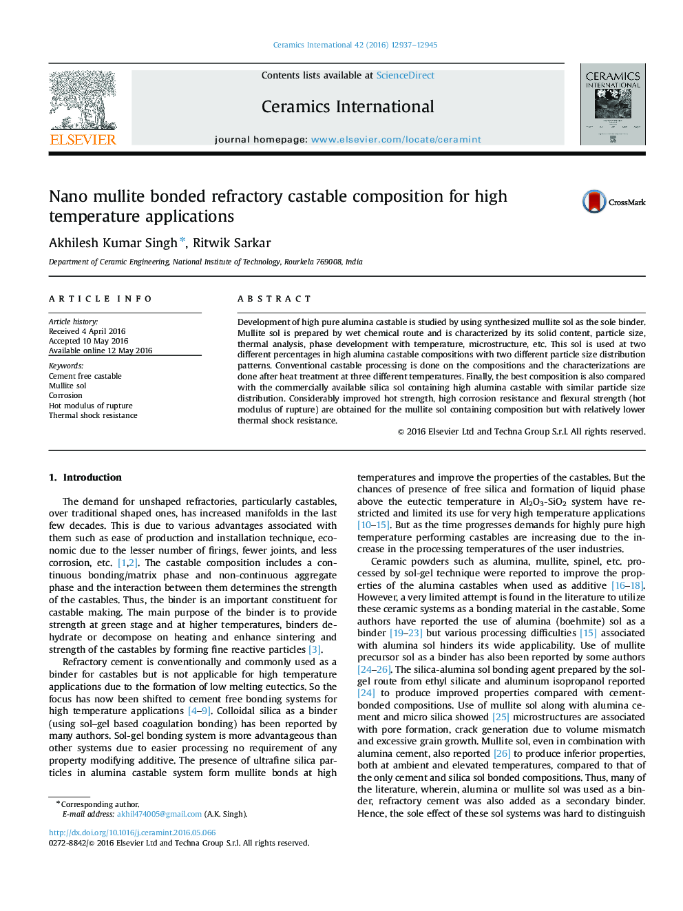 Nano mullite bonded refractory castable composition for high temperature applications