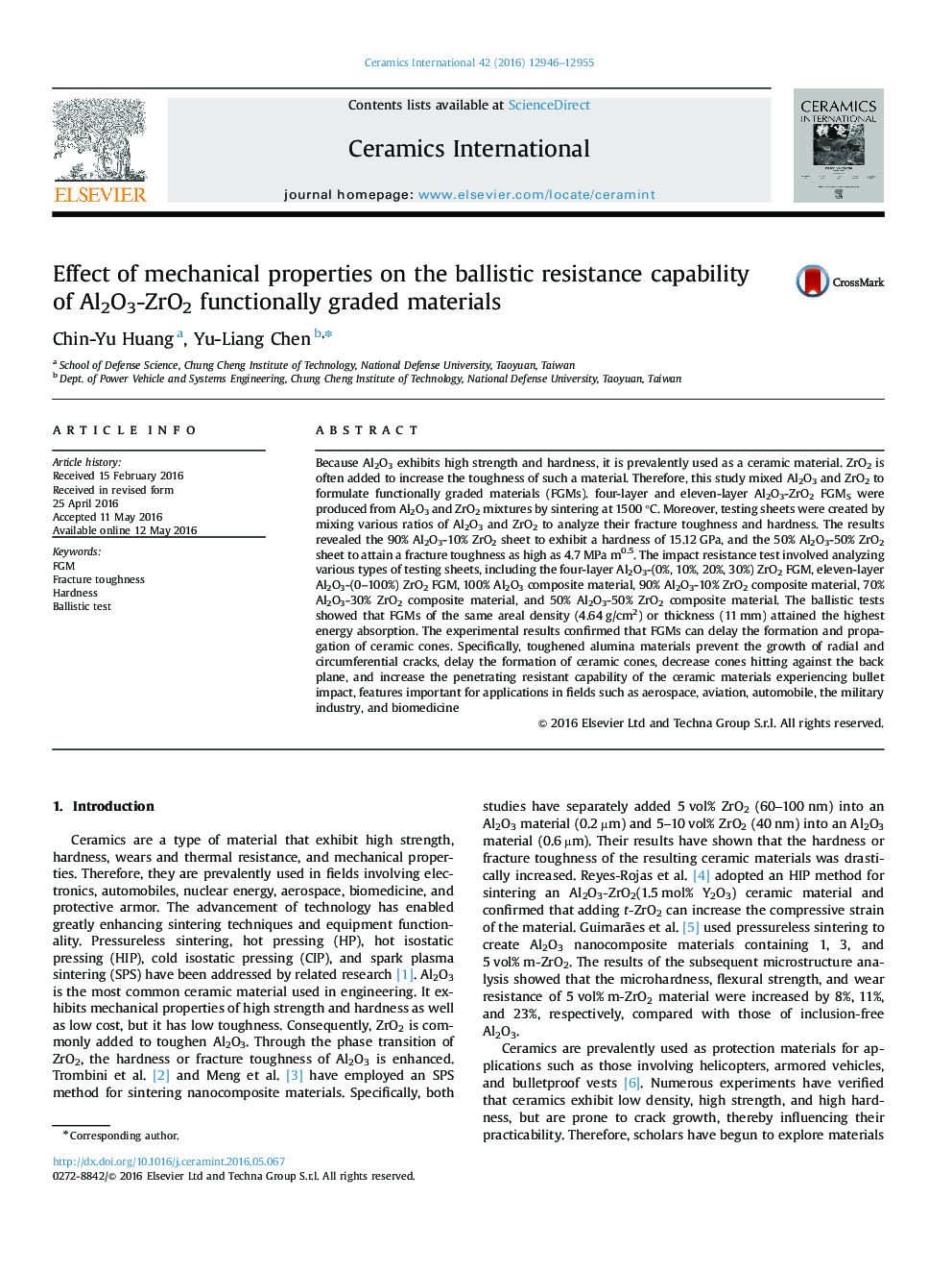 Effect of mechanical properties on the ballistic resistance capability of Al2O3-ZrO2 functionally graded materials