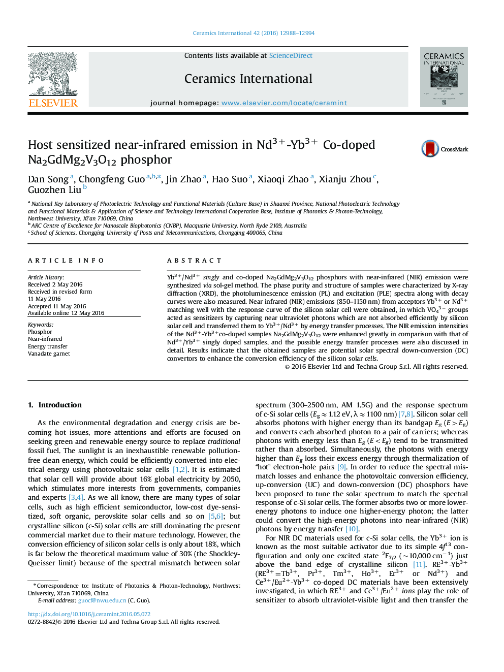 Host sensitized near-infrared emission in Nd3+-Yb3+ Co-doped Na2GdMg2V3O12 phosphor