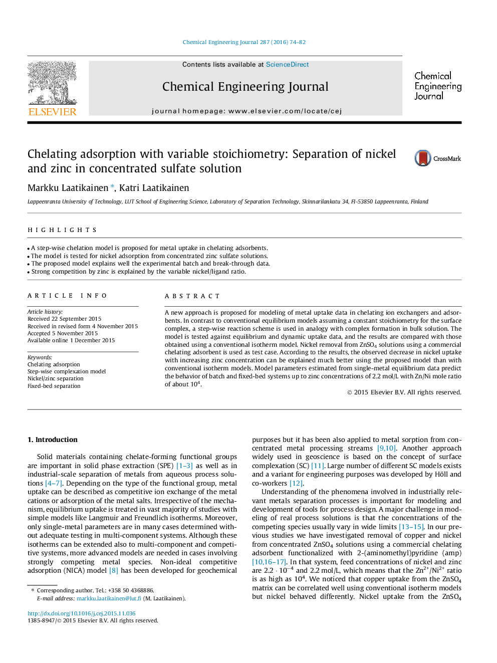 Chelating adsorption with variable stoichiometry: Separation of nickel and zinc in concentrated sulfate solution