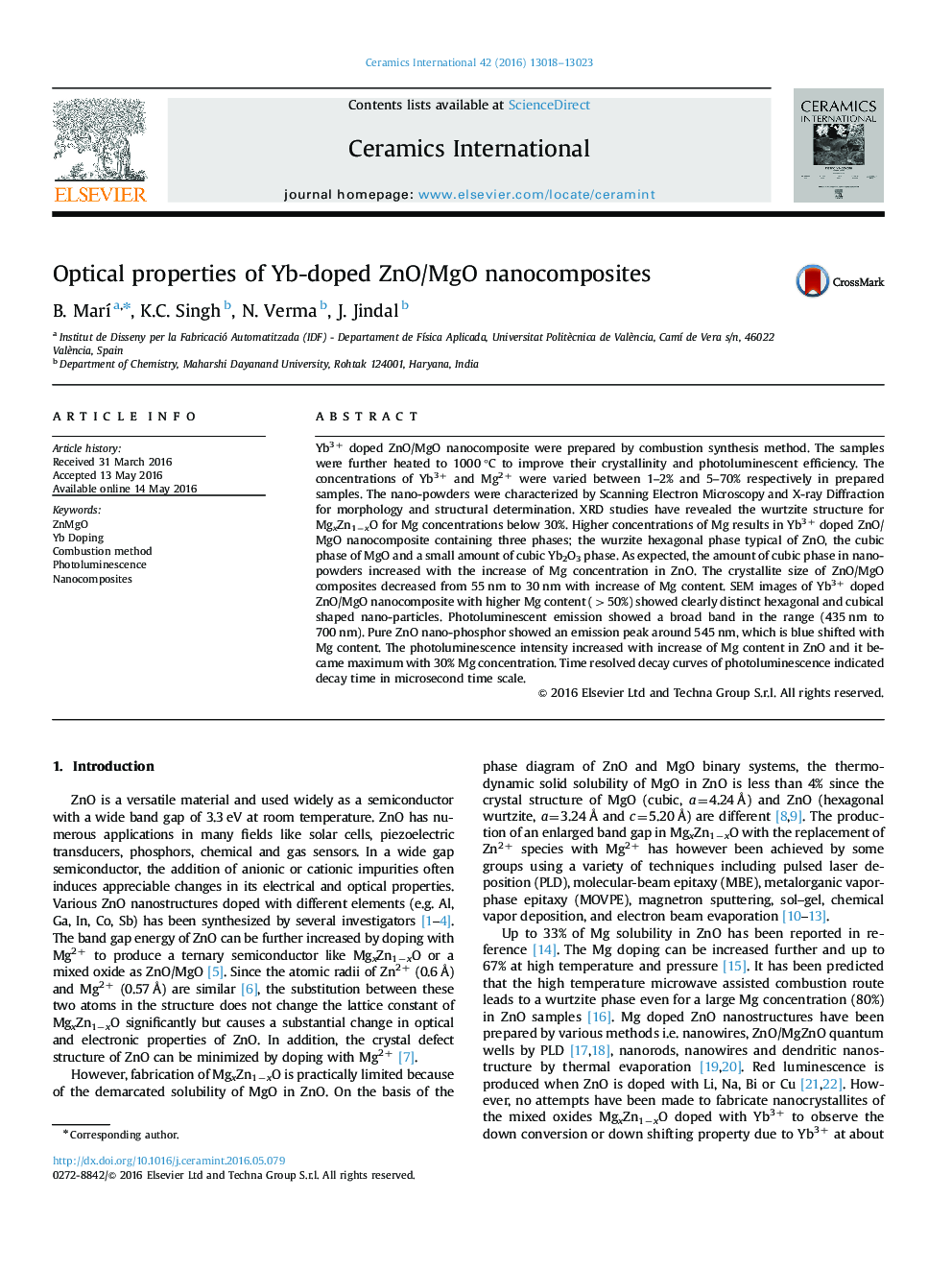 Optical properties of Yb-doped ZnO/MgO nanocomposites