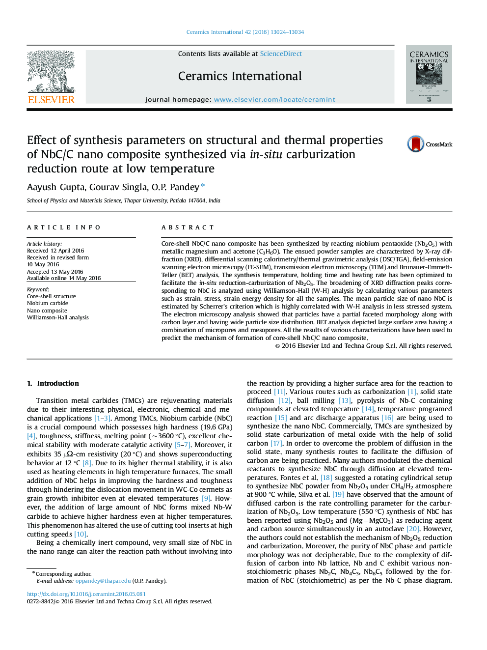 Effect of synthesis parameters on structural and thermal properties of NbC/C nano composite synthesized via in-situ carburization reduction route at low temperature