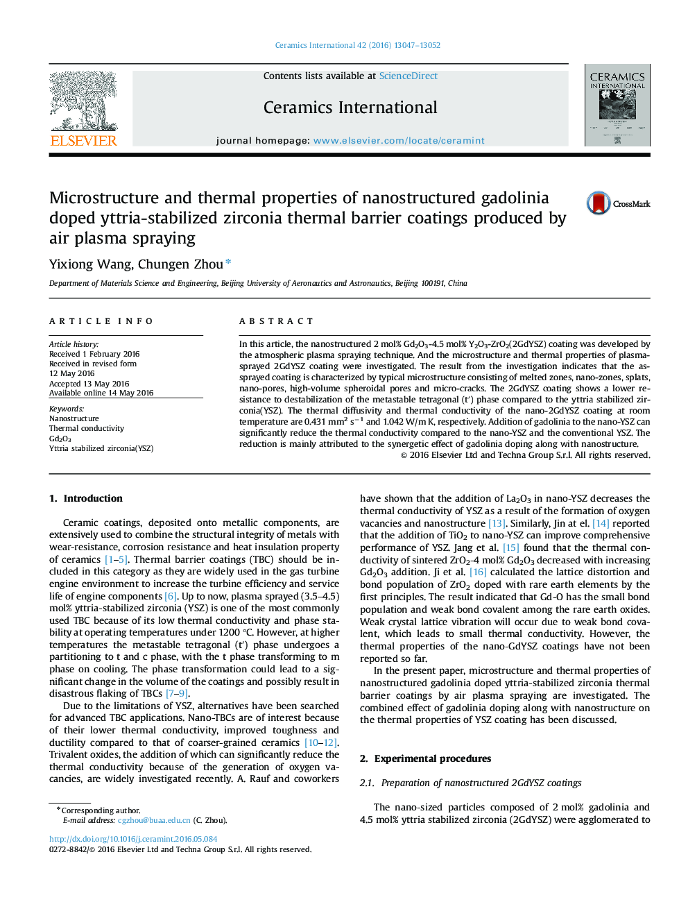 Microstructure and thermal properties of nanostructured gadolinia doped yttria-stabilized zirconia thermal barrier coatings produced by air plasma spraying